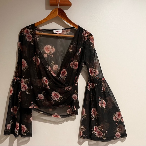 BONGO Tops - BONGO Black Pink Floral Sheer Mesh Top Bell Flutter Sleeves Y2K Ballet Wrap S